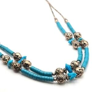 Vintage Two-Strand Liquid Silver Turquoise and‎ Rose Bead Southwestern Necklace